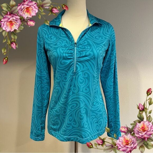 Athleta teal Blue whimsical print Long Sleeve Top size medium - Picture 1 of 13
